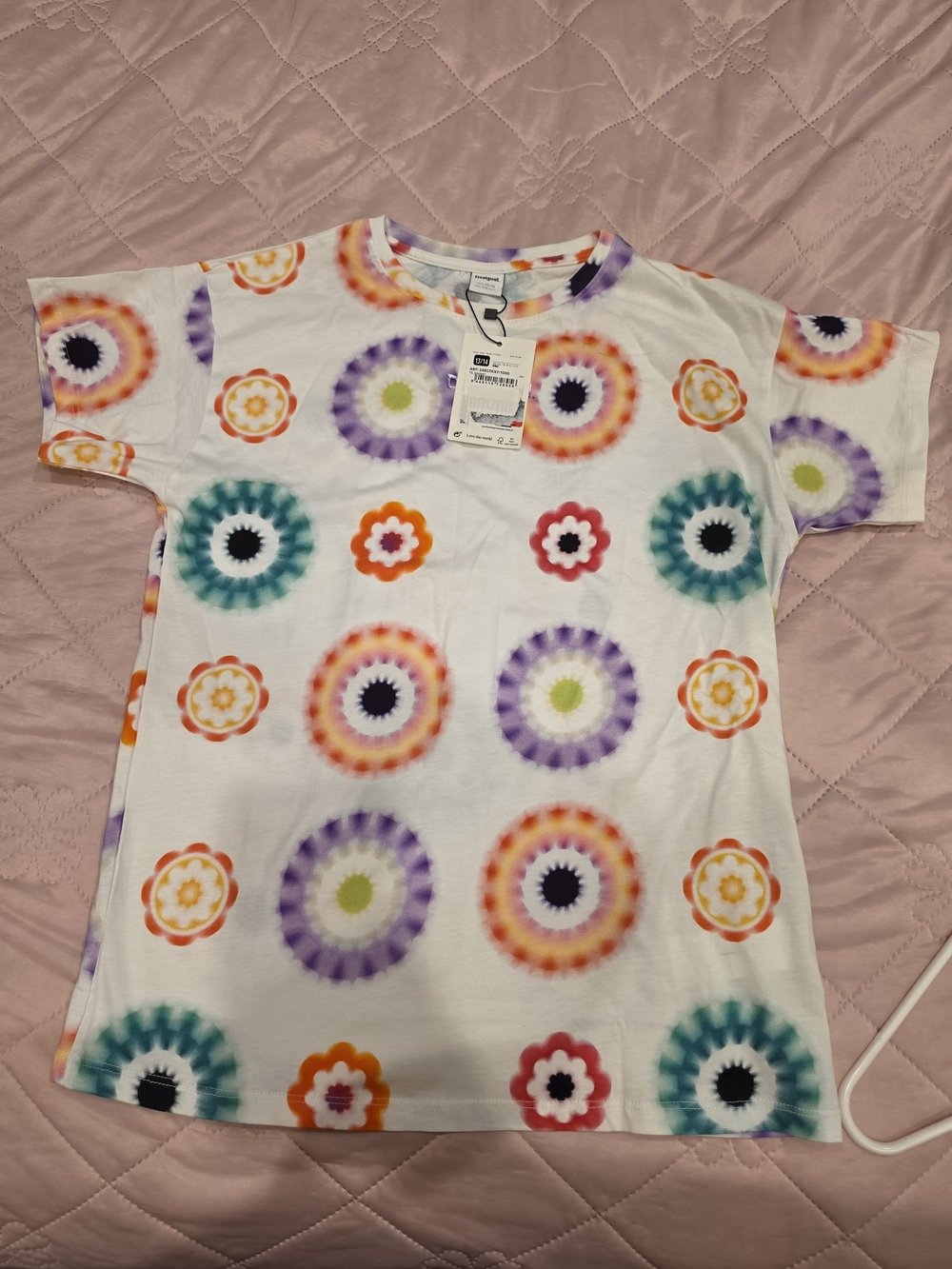 Desigual White Short Sleeve Tee with Multicolor Floral Circles